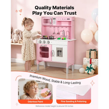 Play Kitchen for Kids, Wooden, Kids Kitchen Playset with Real Lights & Sounds, Food & Cookware, Pretend Play Toy Set, Microwave, Oven, Clicking Knobs, for Toddlers, Girls & Boys Ages 3-8, Pink