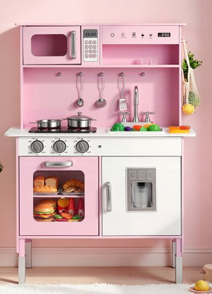 Play Kitchen for Kids, Wooden, Kids Kitchen Playset with Real Lights & Sounds, Food & Cookware, Pretend Play Toy Set, Microwave, Oven, Clicking Knobs, for Toddlers, Girls & Boys Ages 3-8, Pink