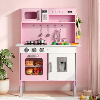Play Kitchen for Kids, Wooden, Kids Kitchen Playset with Real Lights & Sounds, Food & Cookware, Pretend Play Toy Set, Microwave, Oven, Clicking Knobs, for Toddlers, Girls & Boys Ages 3-8, Pink