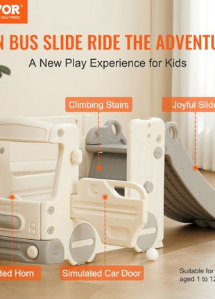 Toddler Slide, Kid Slide for Toddlers Age 1-12 with Climbable Ladders & Bus Playhouse, Indoor Outdoor Slide Playset for Kids Within 110lbs, Toddler Playground w/ Raised Handrail, Anti-Slip Strip
