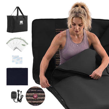 Infrared Sauna Blanket with Mineral Stones, 73 x 35 in Sauna Bag, Zero EMF, Portable for Home Detox and Relaxation, Temperature Control & Timer, PU Leather Heating Wrap, Carry Bag, Black