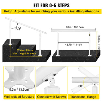 Outdoor Stair Railing Kit, 5 FT Handrails 0-5 Steps, Adjustable Angle White Aluminum Stair Hand Rail for The Elderly, Handrails for Outdoor Steps