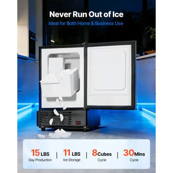 15" W Under Counter Ice Maker, 15 LBS/Day Crescent Ice Maker Built-in with 11LBS Storage Bin & Reversible Door, Freestanding Ice-Making Machine for Commercial Home Kitchens - No Drain Required