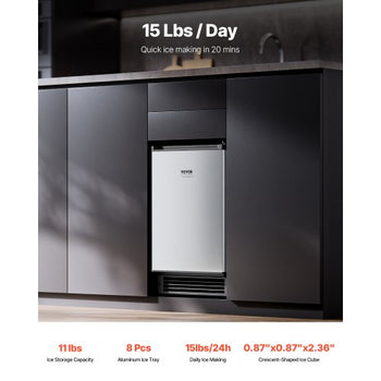 Undercounter Built-in Ice Maker, 15 Lbs/Day Under Counter Ice Maker Machine with Reversible Door Stainless Steel, Freestanding Ice Maker for Commercial Home Kitchen, No Drain Required