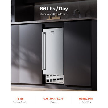 Undercounter Built-in Ice Maker, 66 Lbs/Day Under Counter Nugget Ice Maker Machine with Reversible Door Stainless Steel, Freestanding Ice Maker for Commercial Home Kitchen, Electric Drainage