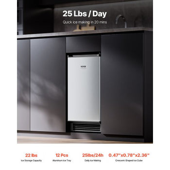 Undercounter Built-in Ice Maker, 25 Lbs/Day Under Counter Ice Maker Machine with Reversible Door Stainless Steel, Freestanding Ice Maker for Commercial Home Kitchen, No Drain Required