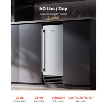 Undercounter Built-in Ice Maker, 50 Lbs/Day Under Counter Ice Maker Machine with Drain Pump Reversible Door Stainless Steel, Freestanding Ice Maker for Commercial Home Kitchen