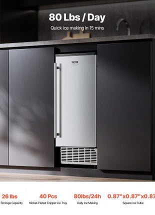 Undercounter Built-in Ice Maker, 80 Lbs/Day Under Counter Ice Maker Machine with Reversible Door Stainless Steel, Freestanding Ice Maker for Commercial Home Kitchen, Electric Drainage