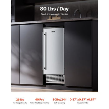 Undercounter Built-in Ice Maker, 80 Lbs/Day Under Counter Ice Maker Machine with Reversible Door Stainless Steel, Freestanding Ice Maker for Commercial Home Kitchen, Electric Drainage