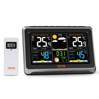 Vevor digital weather station with color display, showing indoor/outdoor temperatures, humidity, and time, sleek silver design.