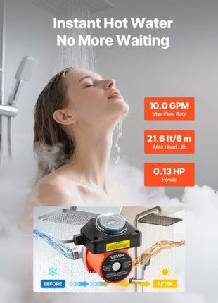 Hot Water Recirculating Pump, with Bypass Valve, Instant Recirculation Pump Kit with Timer, Adapter, Circulation Circulator System, Stainless Steel Head, 0.13 HP 110-120V, for Tank Water Heaters