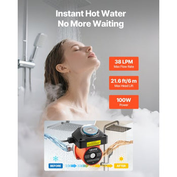 Hot Water Recirculating Pump, with Timer, 10 GPM Instant Recirculation Pump Kit, Circulation Circulator System, 0.13 HP AC 110-120V, NPT 3/4 in to NPT 1/2 in Connector, for Solar Water Heater