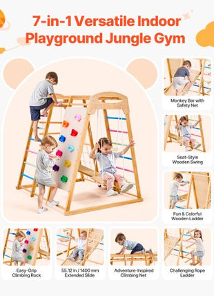 Indoor Playground Jungle Gym, 7-in-1 Wooden Indoor Playground for Kids, 250LBS Montessori Climbing Toys Playset with Swing, Monkey Bar, Slide, Wooden Ladder, Rope Ladder, Climbing Net & Rock