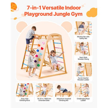 Indoor Playground Jungle Gym, 7-in-1 Wooden Indoor Playground for Kids, 250LBS Montessori Climbing Toys Playset with Swing, Monkey Bar, Slide, Wooden Ladder, Rope Ladder, Climbing Net & Rock