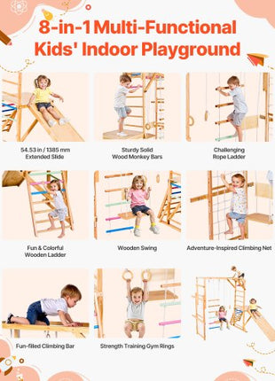 Indoor Playground Jungle Gym, 8-in-1 Wooden Indoor Playground Playset, 220LBS Loading Montessori Climbing Toys with Swing, Slide, Monkey Bar, Gym Rings, Wooden / Rope Ladder, Climbing Net & Bar