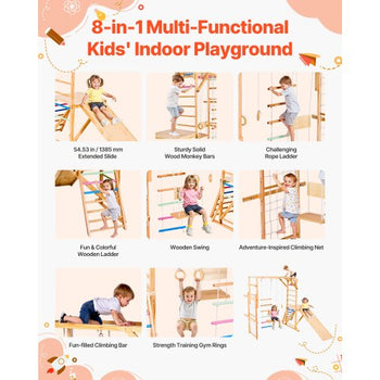 Indoor Playground Jungle Gym, 8-in-1 Wooden Indoor Playground Playset, 220LBS Loading Montessori Climbing Toys with Swing, Slide, Monkey Bar, Gym Rings, Wooden / Rope Ladder, Climbing Net & Bar