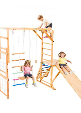 Indoor Playground Jungle Gym, 8-in-1 Wooden Indoor Playground Playset, 220LBS Loading Montessori Climbing Toys with Swing, Slide, Monkey Bar, Gym Rings, Wooden / Rope Ladder, Climbing Net & Bar