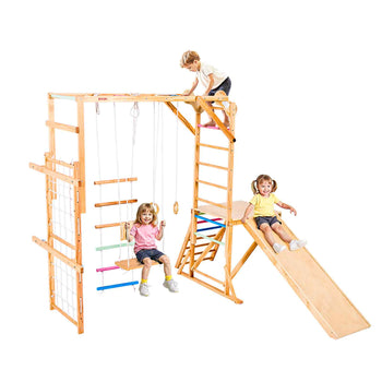 Indoor Playground Jungle Gym, 8-in-1 Wooden Indoor Playground Playset, 220LBS Loading Montessori Climbing Toys with Swing, Slide, Monkey Bar, Gym Rings, Wooden / Rope Ladder, Climbing Net & Bar