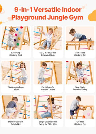 Indoor Playground Jungle Gym, 9-in-1 Montessori Climbing Toys for Toddlers, 250LBS Wooden Indoor Playground Playset with Monkey Bar, Swings, Slide, Rope / Wooden Ladder, Climbing Net, Bar & Rock