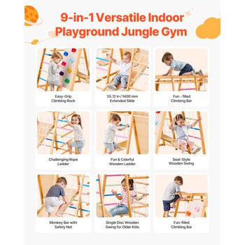 Indoor Playground Jungle Gym, 9-in-1 Montessori Climbing Toys for Toddlers, 250LBS Wooden Indoor Playground Playset with Monkey Bar, Swings, Slide, Rope / Wooden Ladder, Climbing Net, Bar & Rock