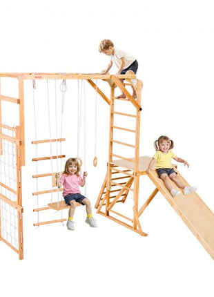 Indoor Playground Jungle Gym, 8-in-1 Wooden Indoor Playground for Kids, 220LBS Montessori Climbing Toys Playset with Slide, Swing, Monkey Bar, Gym Rings, Wooden / Rope Ladder, Climbing Net & Bar