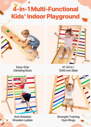 Indoor Playground Jungle Gym, 4-in-1 Wooden Indoor Playground Playset with Climbing Rock, Slide, Wooden Ladder & Gym Rings, Montessori Style Playground Climbing Toys for Boys Girls, 220LBS