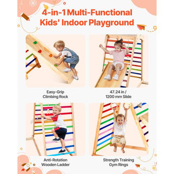 Indoor Playground Jungle Gym, 4-in-1 Wooden Indoor Playground Playset with Climbing Rock, Slide, Wooden Ladder & Gym Rings, Montessori Style Playground Climbing Toys for Boys Girls, 220LBS