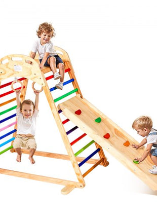 Indoor Playground Jungle Gym, 4-in-1 Wooden Indoor Playground Playset with Climbing Rock, Slide, Wooden Ladder & Gym Rings, Montessori Style Playground Climbing Toys for Boys Girls, 220LBS