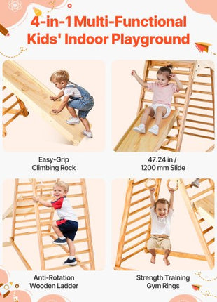 Indoor Playground Jungle Gym, 4-in-1 Wooden Indoor Playground Climbing Toys for Kids, Montessori Toddlers Climber Playset with Climbing Rock, Slide, Wooden Ladder & Gym Rings, 220LBS Loading
