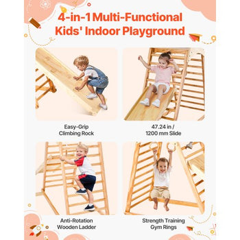 Indoor Playground Jungle Gym, 4-in-1 Wooden Indoor Playground Climbing Toys for Kids, Montessori Toddlers Climber Playset with Climbing Rock, Slide, Wooden Ladder & Gym Rings, 220LBS Loading