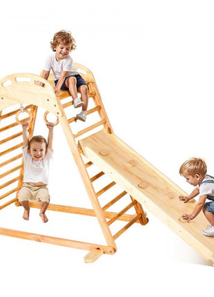 Indoor Playground Jungle Gym, 4-in-1 Wooden Indoor Playground Climbing Toys for Kids, Montessori Toddlers Climber Playset with Climbing Rock, Slide, Wooden Ladder & Gym Rings, 220LBS Loading