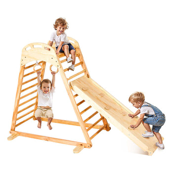Indoor Playground Jungle Gym, 4-in-1 Wooden Indoor Playground Climbing Toys for Kids, Montessori Toddlers Climber Playset with Climbing Rock, Slide, Wooden Ladder & Gym Rings, 220LBS Loading