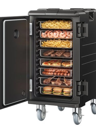 Insulated Food Pan Carrier, 109 Qt Hot Box for Catering, LLDPE Food Box Carrier with Double Buckles, Front Loading Food Warmer with Handles, End Loader with Wheels for Restaurant, Canteen, etc.