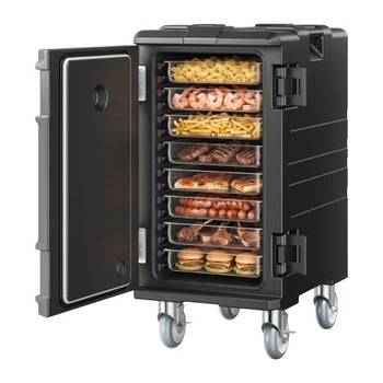 Insulated Food Pan Carrier, 109 Qt Hot Box for Catering, LLDPE Food Box Carrier with Double Buckles, Front Loading Food Warmer with Handles, End Loader with Wheels for Restaurant, Canteen, etc.