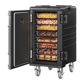 Insulated Food Pan Carrier, 109 Qt Hot Box for Catering, LLDPE Food Box Carrier with Double Buckles, Front Loading Food Warmer with Handles, End Loader with Wheels for Restaurant, Canteen, etc.