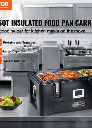 Insulated Food Pan Carrier, 36Qt Capacity, Stackable Catering Hot Box with 3 Stainless Steel Pans, Top Load LLDPE Food Warmer with Elastic Side Handles and Buckles, for Restaurant Canteen, Black