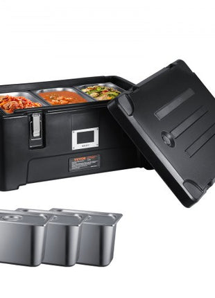Insulated Food Pan Carrier, 36Qt Capacity, Stackable Catering Hot Box with 3 Stainless Steel Pans, Top Load LLDPE Food Warmer with Elastic Side Handles and Buckles, for Restaurant Canteen, Black