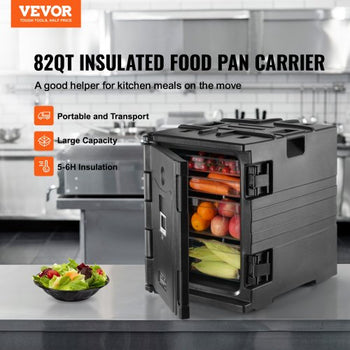 Insulated Food Pan Carrier, 82 Qt Hot Box for Catering, LLDPE Food Box Carrier with Double Buckles, Front Loading Food Warmer with Handles, Stackable End Loader for Restaurant, Canteen, etc. Bla