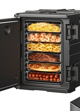Insulated Food Pan Carrier, 82 Qt Hot Box for Catering, LLDPE Food Box Carrier with Double Buckles, Front Loading Food Warmer with Handles, Stackable End Loader for Restaurant, Canteen, etc. Bla