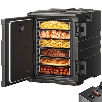 Insulated Food Pan Carrier, 82 Qt Hot Box for Catering, LLDPE Food Box Carrier with Double Buckles, Front Loading Food Warmer with Handles, Stackable End Loader for Restaurant, Canteen, etc. Bla