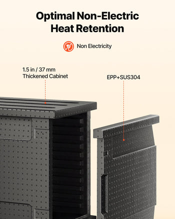 Black thickened cabinet with EPP and SUS304 materials for optimal non-electric heat retention, 1.5 in thick design.