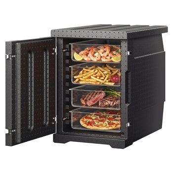 Black insulated cooler with clear shelves, filled with grilled meats, seafood, fries, and pizza. Perfect for outdoor events.