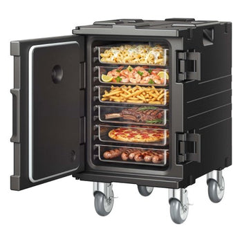 Insulated Food Pan Carrier, 95 Qt Hot Box for Catering, Food Box Carrier with Buckle, Front Loading Food Warmer with Handles, End Loader with Wheels for Restaurant, Canteen