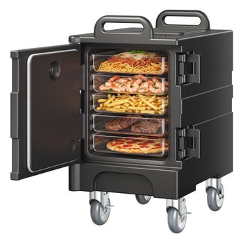 Insulated Food Pan Carrier, 81 Qt Hot Box for Catering, Food Box Carrier with Double Buckles, Front Loading Food Warmer with Handles, Stackable End Loader with Wheels for Restaurant, Canteen