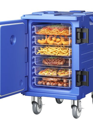 Insulated Food Pan Carrier, 82 Qt Hot Box for Catering, LLDPE Food Box Carrier with One-Piece Buckle, Front Loading Food Warmer with Handles, End Loader with Wheels for Restaurant, Canteen, etc.