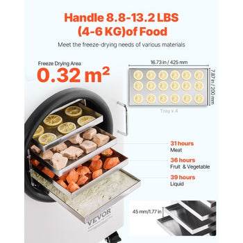 Vacuum Freeze Dryer Machine, 8.8-13.2 LBS/Batch Food Freeze Drying Machine with 4-Layer Trays, Vacuum Pump, Adjustable Timer and Temperature Control, for Fruits Vegetables Meat, White