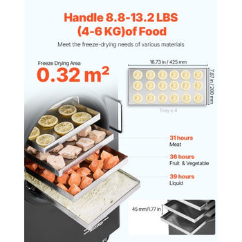 Vacuum Freeze Dryer Machine, 8.8-13.2 LBS/Batch Food Freeze Drying Machine with 4-Layer Trays, Vacuum Pump, Adjustable Timer and Temperature Control, for Fruits Vegetables Meat, Black