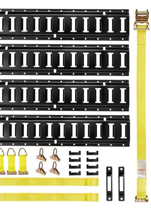 E-Track Tie-Down Rail Kit, 4 Pack 2 ft E Track Rails, 20 Pcs Includes 2 Ratchet Straps & 4 O-Rings & 4 Tie-Offs with D-Ring & 2 Single Slots & 8 End Caps, Fit for Garages Vans Trailers