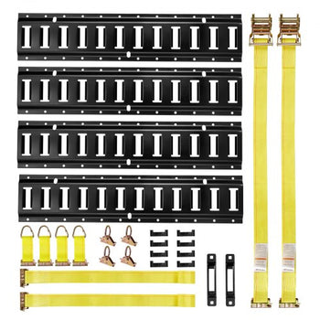 E-Track Tie-Down Rail Kit, 4 Pack 2 ft E Track Rails, 20 Pcs Includes 2 Ratchet Straps & 4 O-Rings & 4 Tie-Offs with D-Ring & 2 Single Slots & 8 End Caps, Fit for Garages Vans Trailers