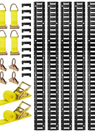 E-Track Tie-Down Rail Kit, 6 Pack 5 ft E Track Rails, 26 Pcs Includes 2 Ratchet Straps & 6 O-Rings & 6 Tie-Offs with D-Ring & 12 End Caps, Fit for Garages Vans Trailers Motorcycles